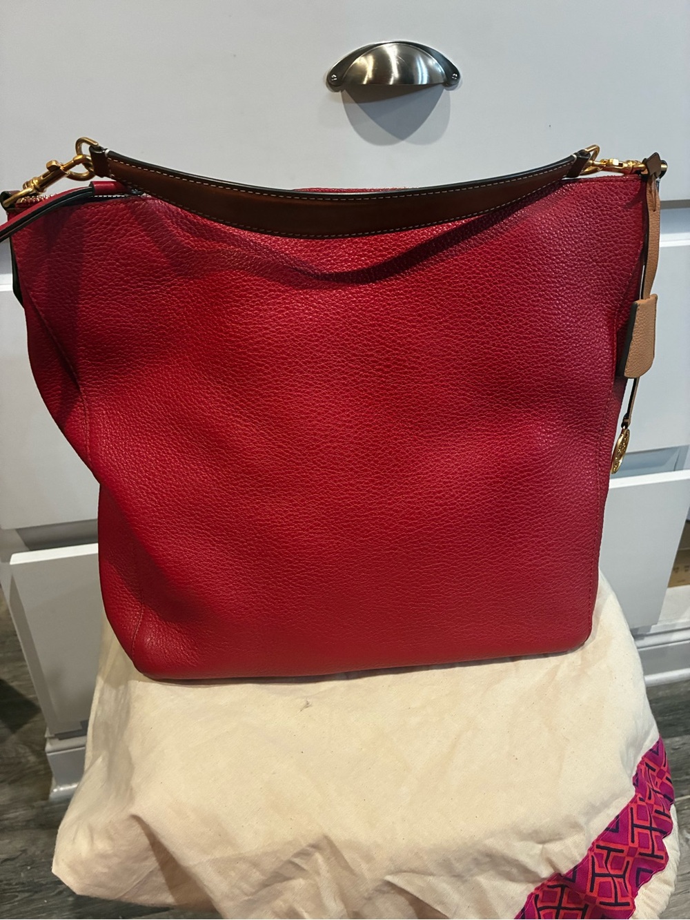 Tory Burch Red Pebbled Leather Perry Hobo with Tan Trim